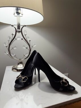 Gucci Black Open-Toe Stiletto Heels with Crystal-Embellished Horsebit